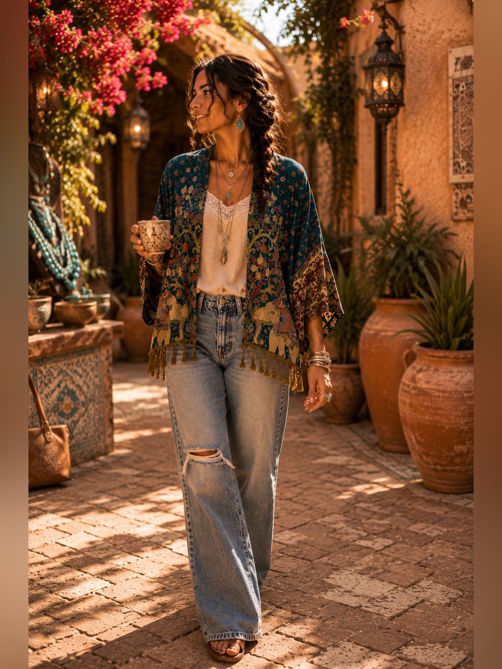 EARTHBOUND Pashmina Modal Elephant 🐘 Print Fringe Top - Teal/Gold Size Medium